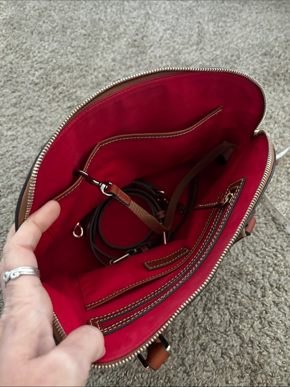 Dooney & Bourke Dome Satchel - never used!Dark Navy suede w/ Brown Leather Trim - Picture 5 of 6